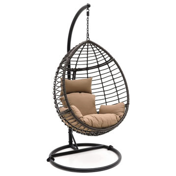 Modern Porch Swing, Unique Egg Shaped Design With Washable Cushions, Black/Brown
