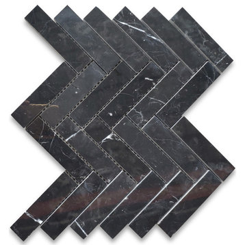 Nero Marquina Black Marble 1x4 Herringbone Mosaic Tile Polished, 1 sheet