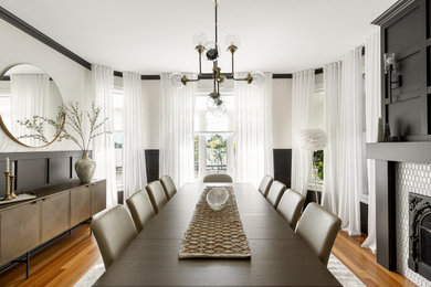 Great room - large transitional wainscoting great room idea in Montreal with white walls and a tile fireplace