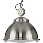 Progress Lighting - Medal Collection Brushed Nickel 1-Light Pendant - Inspired by vintage automobile engines, this pendant boasts a signature star motif for added industrial character. The smooth metal shade is coated in a beautiful brushed nickel finish. The shade holds a prismatic glass diffuser primed for providing optimal task lighting.