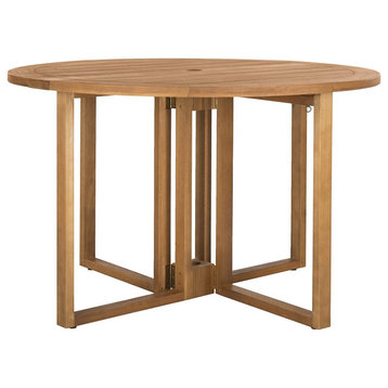 Folding Patio Dining Table, Eucalyptus Wood Construction With Round Top, Teak