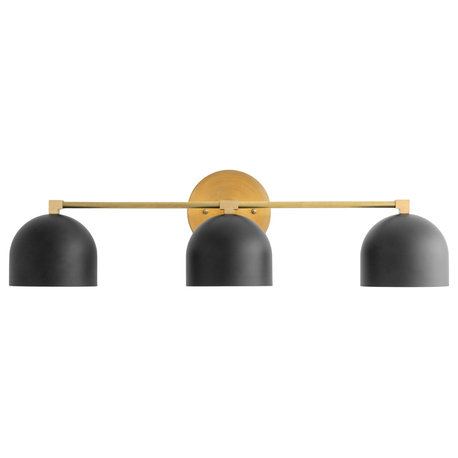 Black Deep Ball Shade, 3 Bulb Vanity Light Fixture, Raw Brass