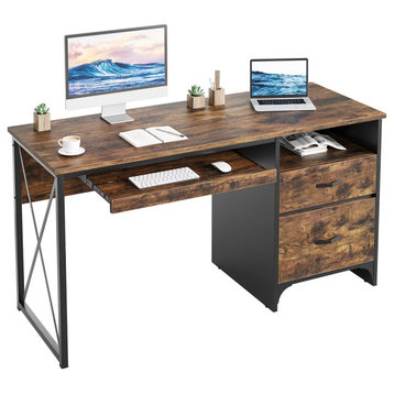 Industrial Desk, Spacious Top With Keyboard Tray & Storage Drawers, Rustic