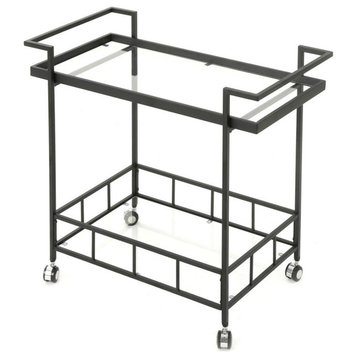 GDF Studio Selma Outdoor Black Powder Coated Iron Bar Cart With Tempered Glass
