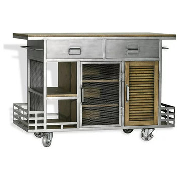 Kitchen Island, Metal Frame With Wooden Top & Storage Drawers, Silver/Natural
