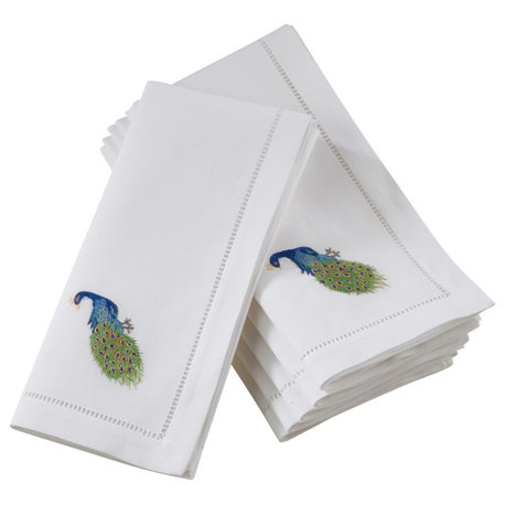 Hemstitch Border Cotton Napkins With Peacock Embroidery, Set of 6, 20" x 20"