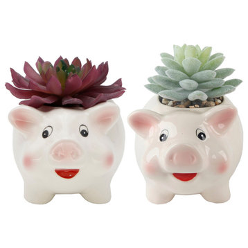 Faux Succulent In 4.8" Small White Pig  Ceramic Planter,Set Of 2