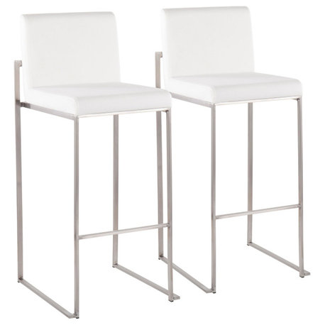 Fuji High Back Barstool, Set of 2, Stainless Steel, White Velvet