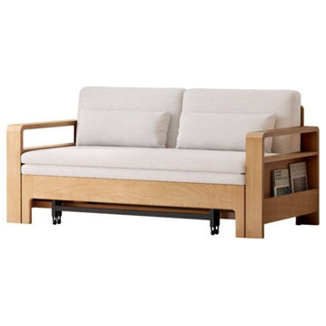 Solid Wood Multi-Function Sleeper Sofa, Beech Log Beige-Coconut Palm Cushion 1.68 Meters Sofa Bed 66.1x30.9 - 76.8x31.1