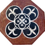Mozaico - Octagon Fleur de Lis Mosaic - Iris, 24"x24" - The Iris octagon fleur de lis mosaic makes an elegant centerpiece to a marble stone entryway floor. A quatrefoil centerpiece with white fleur de lis on navy really stands out against a brick red background. This hand-cut design comes in 4 standard sizes or you can have it custom made to suit any decorative tile project.
