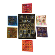 Consigned Dining Table Runner Embroidered Colorful Placemat Set, 7 Pieces