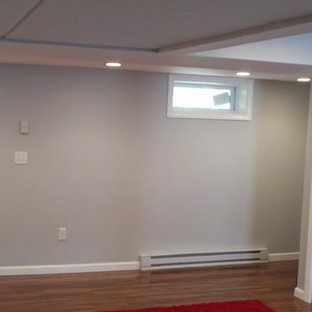 Photo of a small classic look-out basement in Bridgeport with blue walls, dark hardwood flooring and no fireplace.