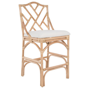 Chippendale Rattan Stool, Natural Color With Off-White Upholstery, Counterstool