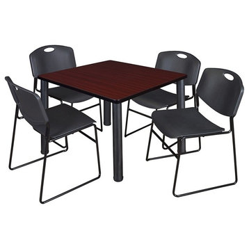 Kee 42" Square Breakroom Table, Mahogany/ Black and 4 Zeng Stack Chairs, Black