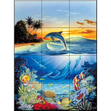 Tile Mural Bathroom Backsplash - Dolphin Lagoon - by Robin Koni