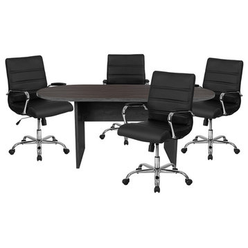 5-Piece Oval Conference Table Set With 4 LeatherSoft Executive Chairs, Rustic Gr