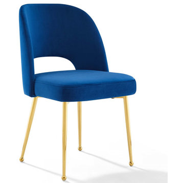 Velvet Side Chair, Gold Luxe Glam Contemporary Chic Armless Dining Chair, Blue