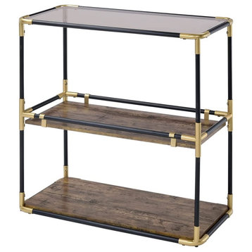 Contemporary Console Table, Metal Frame With Gold Accents & Rustic Brown Shelves