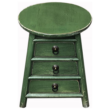 Chinese Distressed Light Green Round Top Drawers Wood Stool Table Hws3053