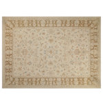Bareens Designer Rugs - Boho Chic Ziegler Latesha Beige Brown Hand-Knotted Wool Rug - 10'0'' x 13'6'' - Enhance the ambiance of your home with this magnificent Persian-influenced Turkish hand-knotted rug made by skilled artisans capable of creating the most exceptional vegetable dyes and hand-spun wool. This exquisite handmade rug is a one-of-a-kind Peshawar Kafkaz, otherwise identified as Chobi, Chobi Peshawar, Oushak, or Ziegler rug. These handmade rugs are crafted in Pakistan utilizing superior-quality wool imported from Australia, New Zealand, and Korea in two types of weaves: the Persian weave and the Mori weave. This rug is meticulously crafted by hand using the finest natural vegetable dyes extracted from local plants. The artisans use a blend of hand-spun local and fine merino wool, resulting in a rug with a compelling texture, higher lanolin content, and longer staple. The artisans occasionally incorporate natural or artificial silk into the pile to enhance specific motifs. The finished product is an awe-inspiring execution of flawless design and an understated palette that exudes elegance.