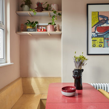 Ash veneered birch plywood fronts with Formica Glacier worktop
