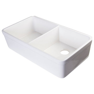White 32" Double Bowl Fireclay Farmhouse Kitchen Sink With 1 3, 4" Lip