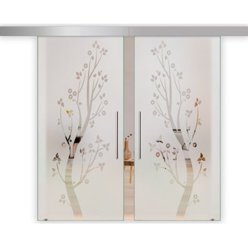 Double Sliding Barn Glass Door, Semi, Non or Full Private with Frosted Design, Semi-Private, 2x36"x81" (68"x81") Inches