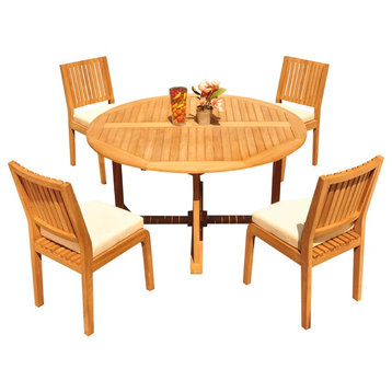 5-Piece Outdoor Patio Teak Dining Set: 60" Round Table, 4 Maldives Armless Chair