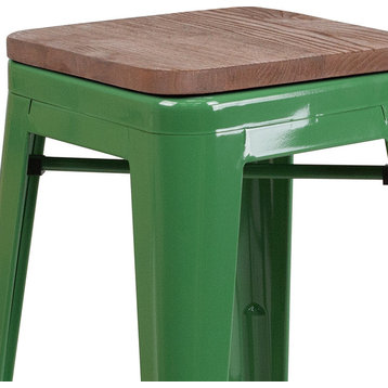 24" High Backless Green Metal Counter Height Stool With Square Wood Seat