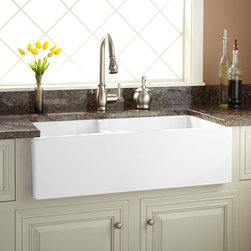 36" Risinger 60/40 Offset Bowl Fireclay Farmhouse Sink - Smooth Apron - Kitchen Sinks