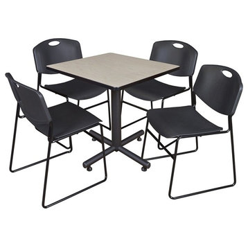Kobe 30" Square Breakroom Table, Maple and 4 Zeng Stack Chairs, Black