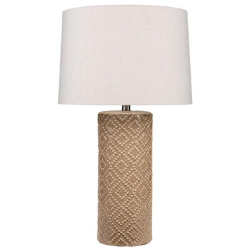 Hobnail Textured Diamond Pattern Cylinder Table Lamp 27 in Beige Studded Ceramic