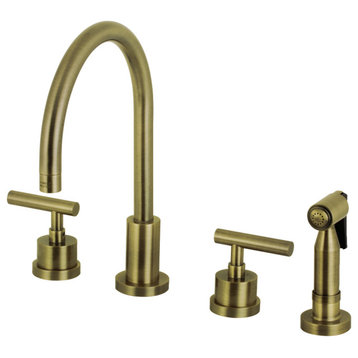KS8723CMLBS 8" Widespread Kitchen Faucet With Brass Sprayer, Antique Brass