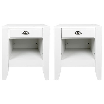 Set of 2 Contemporary Nightstand, Open Compartment & Spacious Drawer, White