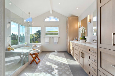 Bathroom - large transitional master gray tile and porcelain tile mosaic tile floor, gray floor and double-sink bathroom idea in San Francisco with shaker cabinets, light wood cabinets, a one-piece toilet, gray walls, an undermount sink, quartz countertops, a hinged shower door, white countertops and a built-in vanity