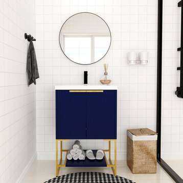 BNK Freestanding Raised Grain Bathroom Vanity With Resin Basin, Navy Blue, 24"