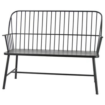 Farmhouse Accent Bench, Indoor/Outdoor Design With Slatted Metal Backrest, Black