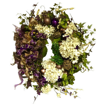 Elegant Christmas Hydrangea Wreath, Cream, Purple, and Copper Winter Wreath