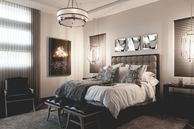 Inspiration for a large modern master bedroom in Las Vegas with grey walls, porcelain floors, no fireplace and brown floor.