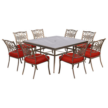 Traditions 9-Piece Dining Set, Red With 60" Square Glass-Top Dining Table