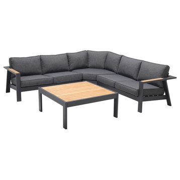 Palau 4-Piece Outdoor Sectional Set With Cushions, Dark Gray and Teak Accent