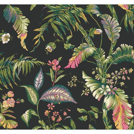 York AT7093 Tropics Fiji Garden Wallpaper black teal aqua lavender yellow pink