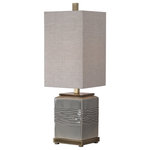 Uttermost - Covey Buffet Lamp - A contemporary style emanates from this ceramic base that features wavy embossing that has a subtle organic feel, finished in a warm gray glaze, accented with plated antique brass details. A rectangular hardback shade in light beige linen with natural slubbing complements this piece.