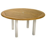 Westminster Teak Furniture - Vogue 6' Round Table - With the interplay of 316L stainless steel and teak, the Vogue Round 6ft. Teak Outdoor Table combines contemporary design and robust characteristics. The tabletop is caulked with Sikaflex, a high grade polyurethane sealant that prevents liquids from seeping through while providing a nautical appeal.