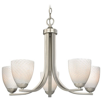 Contemporary Chandelier in Satin Nickel Finish with White Art Glass