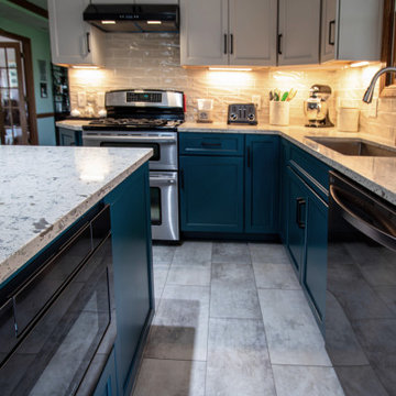 Two Tone Teal and Cream Kitchen with Romano White Quartz Countertop