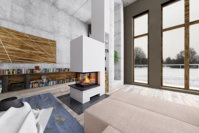 Großes, Repräsentatives, Fernseherloses, Offenes Modernes Wohnzimmer mit weißer Wandfarbe, hellem Holzboden, Eckkamin, Kaminumrandung aus Beton und beigem Boden in Nürnberg