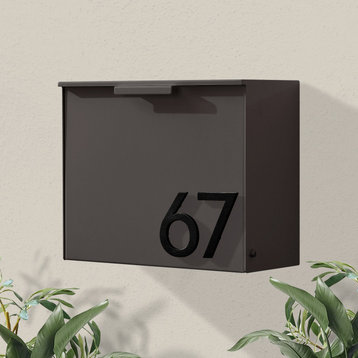 Cubby Wall Mounted Mailbox + House Numbers, Lock Included, Outgoing Flag, Brown, Black Font