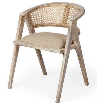 Tabitha Beige Fabric With Light Brown Wood Frame and Cane Back Dining Chair