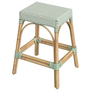 Home Square Rattan Counter Stool in White and Green - Set of 2